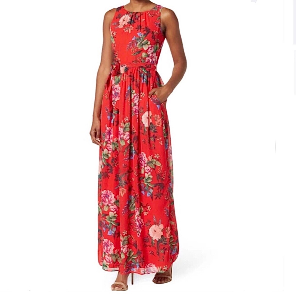 Eliza J Red Floral Sleeveless Dress Belted Chiffon Maxi Size 4